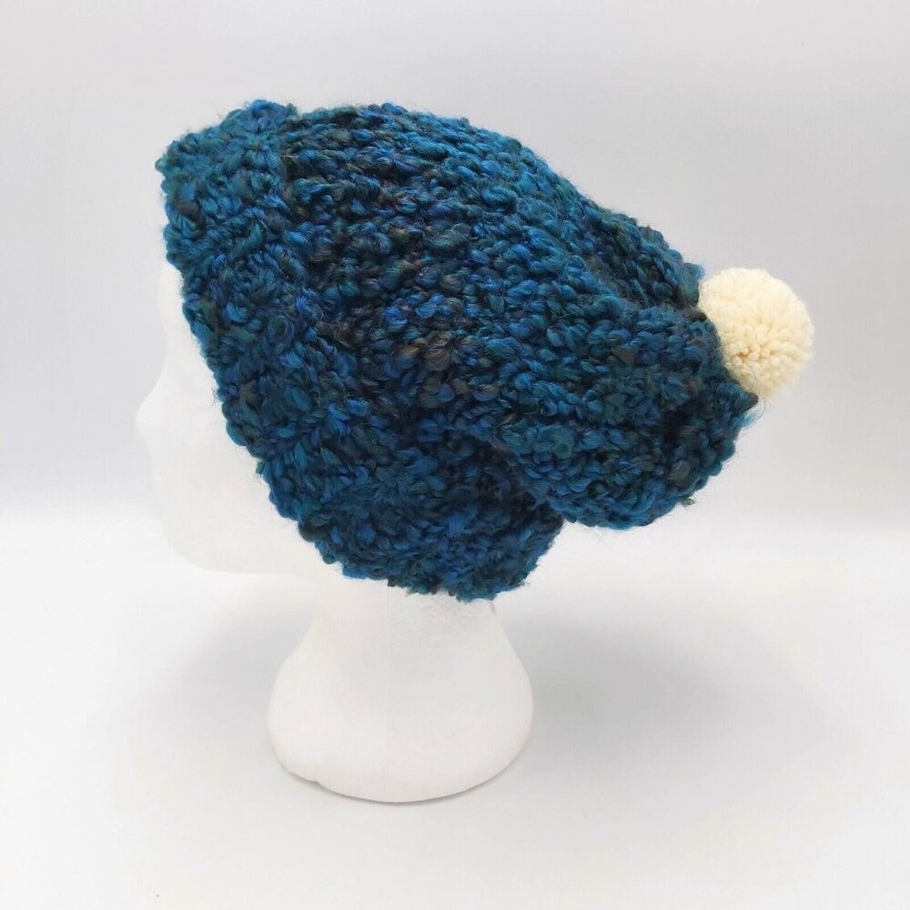 Chunky Beanie Slouch Hat Toque Cream Pompom M-L Teal Blue Handmade Loom Knit